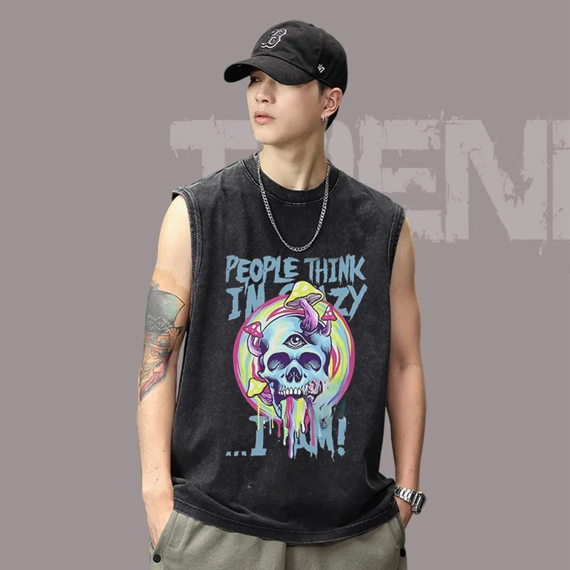 

American High Street Print Vest Men Women Vintage Washed Sleeveless T Shirts Gym Clothing Cotton Casual Tank Tops 2025 Summer