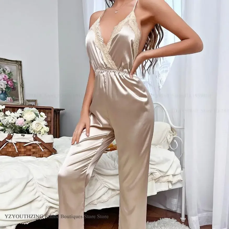 

Summer New Women Jumpsuit Pajmaas Set Sexy Backless Pijamas Intimate Lingerie Champagne Silk Satin Sleepwear Homewear Loungewear