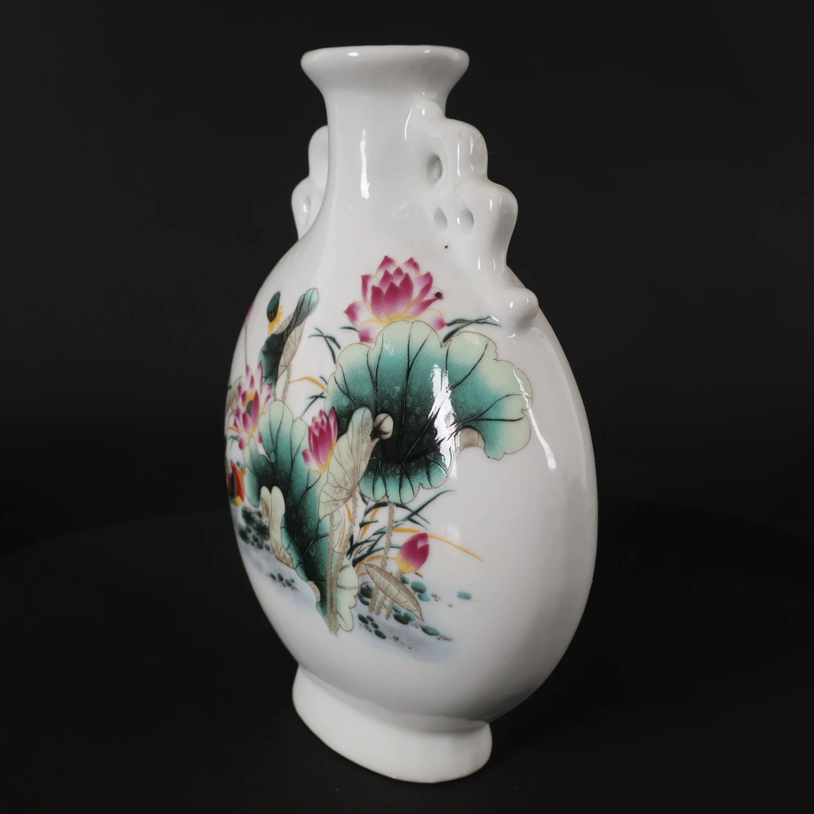 الخزف الصيني القديم، البط الماندرين الوردي اللعب بنمط اللوتس زجاجة مسطحة صغيرة قابلة للجمع