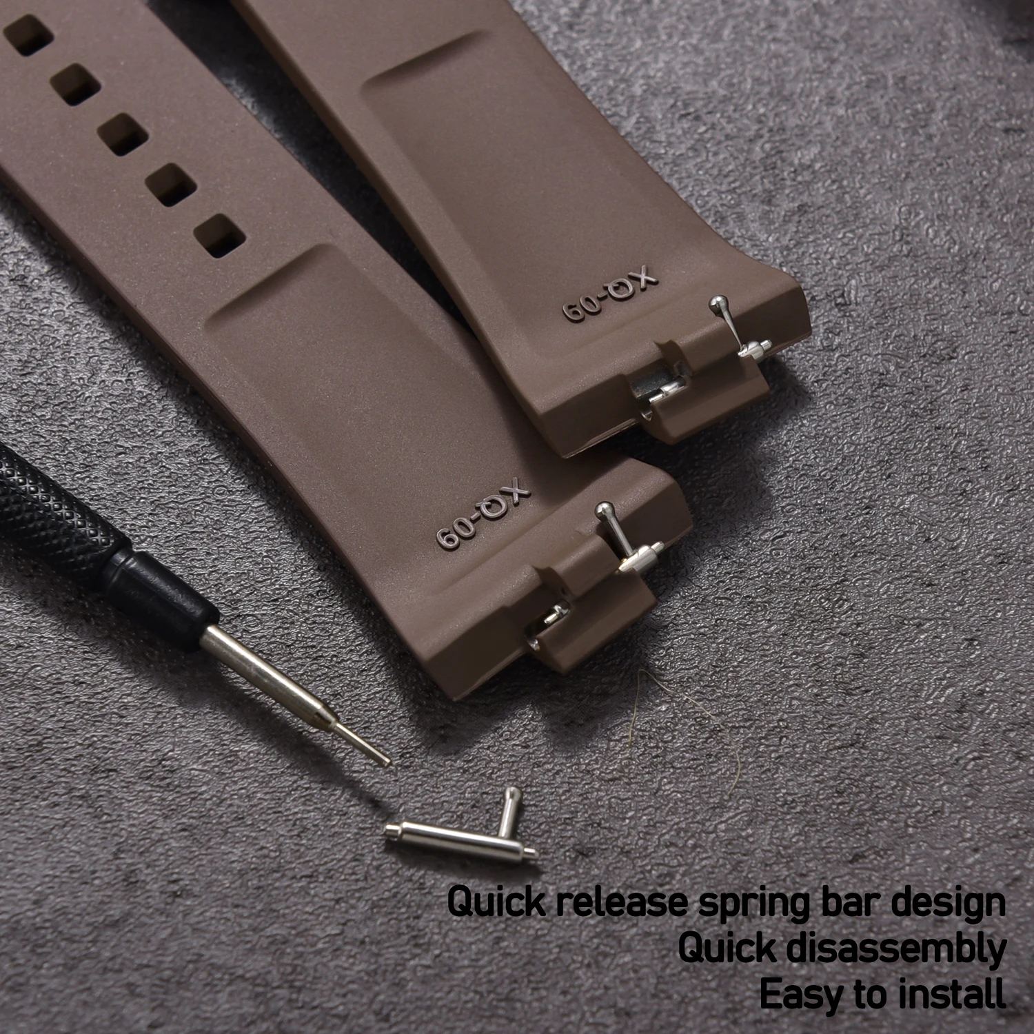 9mm Lug Curved End Soft Untextured FKM Watch Strap Quick Release With Installation Tool