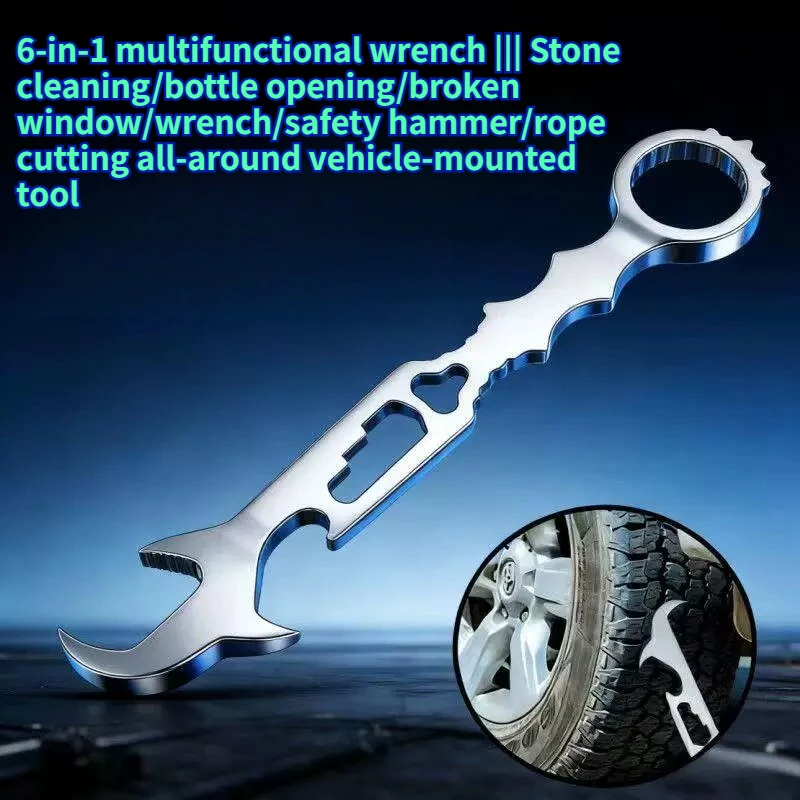 Wheel Stone-cleaning Hook Multifunctional Car-mounted Safe Escape Window-breaking Hammer Stainless Steel 6-in-1 Wrench Portable