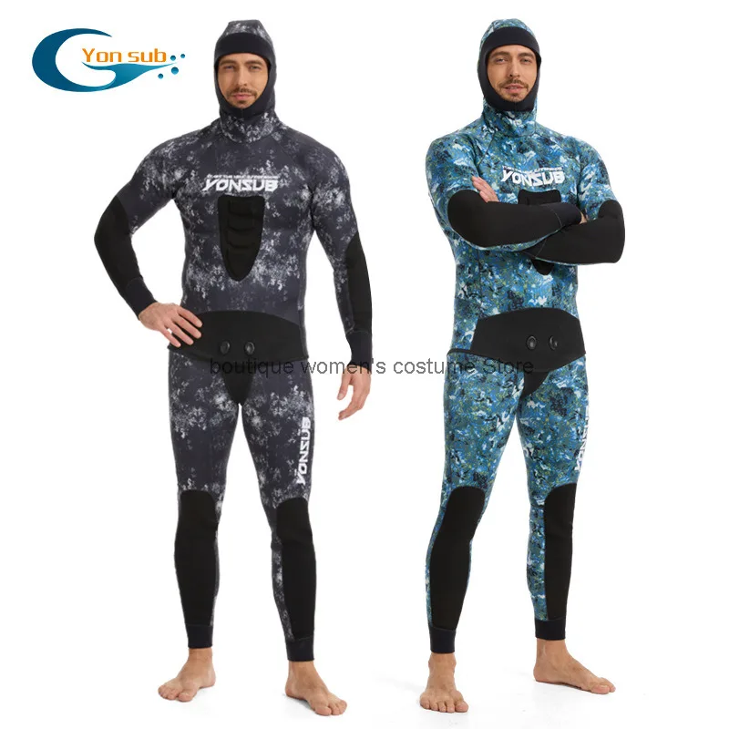 

Professional Fishing Suit For Freediving Outdoor Camouflage Hooded Warm Two-piece Fishing And Diving Wetsuit