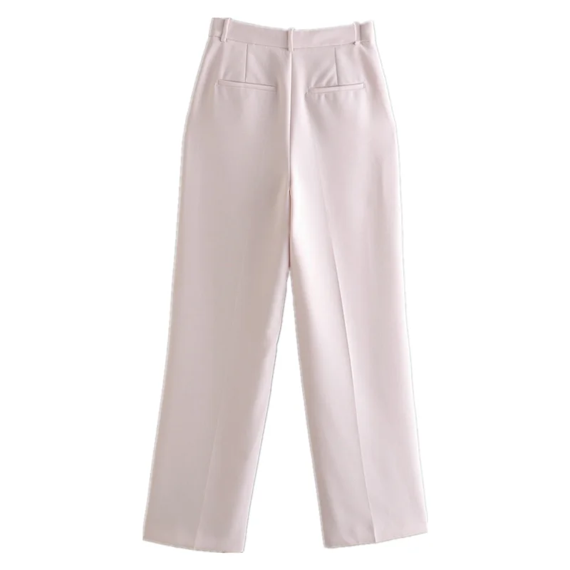 2022 Women's Fashion Solid Color Office Straight Pants Retro High Waist Zipper Ladies Trousers