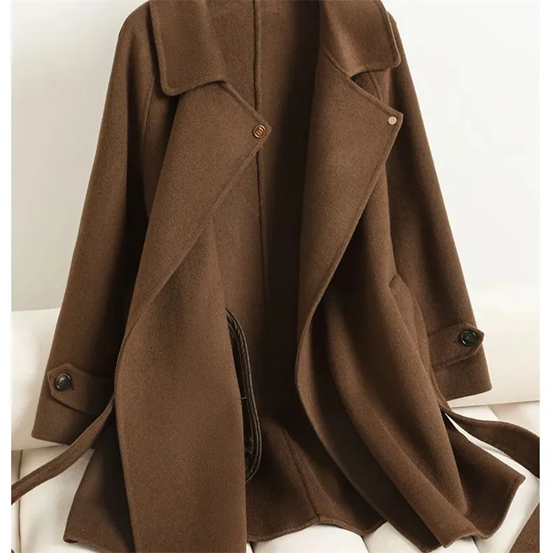

Double Sided Wool Coat For Women Woolen Overcoat New Mid-Length Korean Strap Up Waist Cinching Autumn Winter Top Female Coats