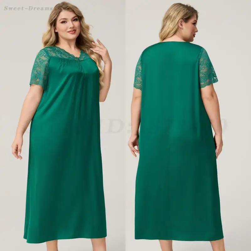 

Длинная ночная рубашка PLUS SIZE с v-образным вырезом в стиле пэчворк, кружевная ночная рубашка, женское сексуальное женское белье, платье для сна, свободная повседневная атласная одежда для сна, домашняя одежда