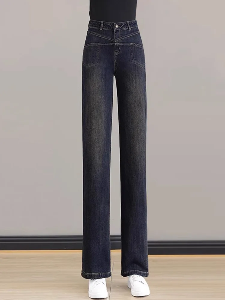 

Женские джинсы с высокой талией и прямыми штанинами в стиле ретро, весенне-осенние, облегающие, длинные брюки из комфортного хлопкового стрейч-денима.