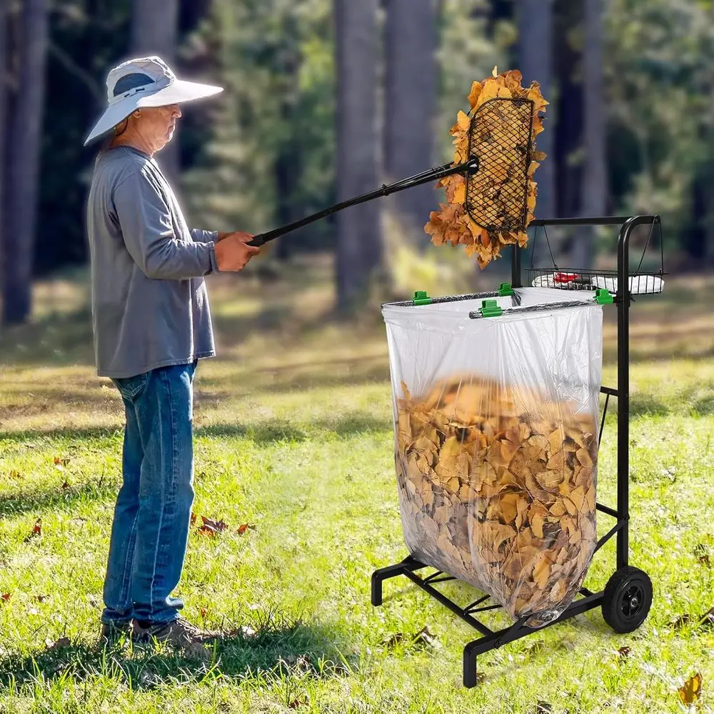 Porta sacchi per rifiuti mobile con cestino portaoggetti e maniglia ergonomica, comodo carrello per sacchi con raccogli foglie e rastrello combinato, adatto