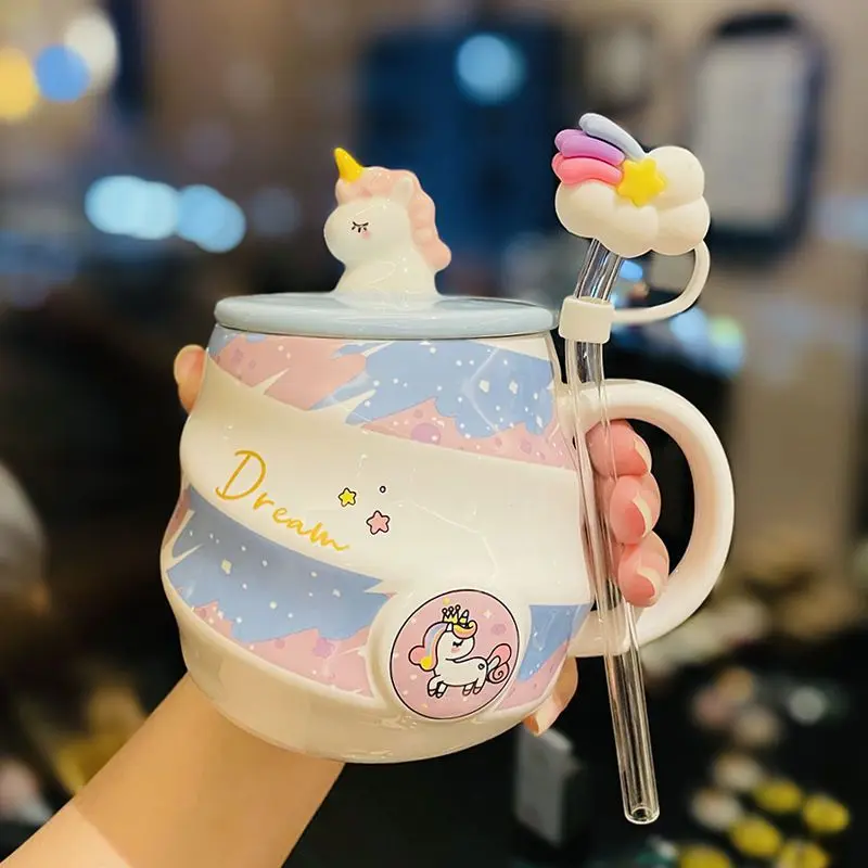 400ml Cute Unicorn Ceramic Cup Ins High Beauty Coffee Mug with Spoon Straw Box Dust Plug Small Summer Couple Water Cups Gift