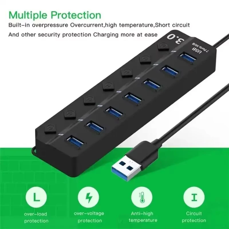 USB Port Hub 7 Ports USB Hub for PC, USB Splitter Extender with Individual On/Off Switches Compatible for MacBook