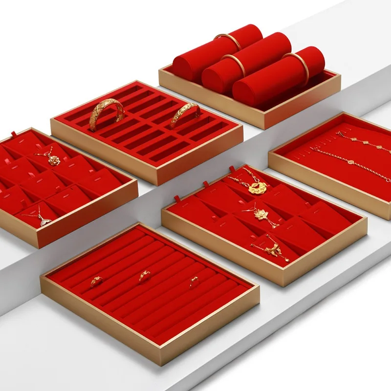 Gold Jewelry Counter Display Tray Red Jewelry Display Tray Ring Necklace Pendant Bracelet Earrings Tray