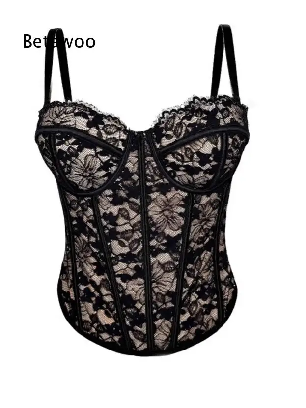 Black Lace Corset Bustier With Spaghetti Straps Boning Support Shaping And Gathering Effect Elegant Sleeveless Top For Inner La