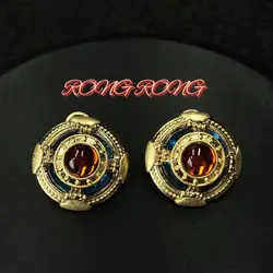 Vintage Retro Jewelry French Western Antique Earrings Glass Heavy Palace Gold-plated Earrings