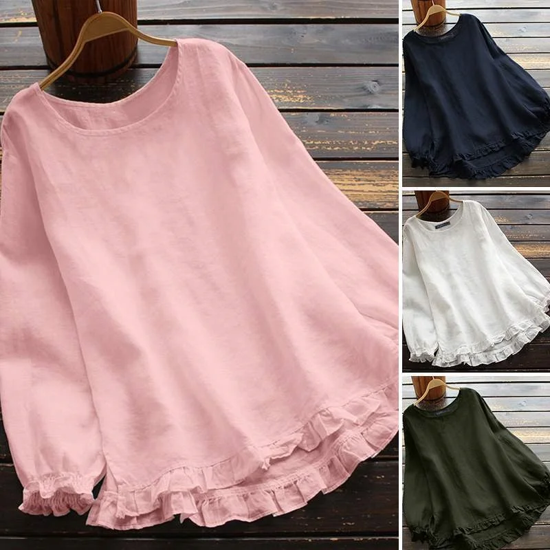 

High-End Women's Loose Long-Sleeve round Neck Cotton Linen T-Shirt Base Shirt Spring Autumn New Style Comfortable Commute Style