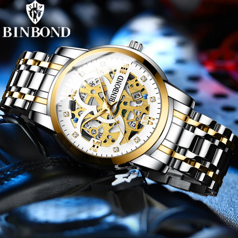 BINBOND B6656 New Automatic Non-Mechanical Quartz Watches 30M Waterproof Luminous Tourbillon Trendy Hollow Design Men Watches