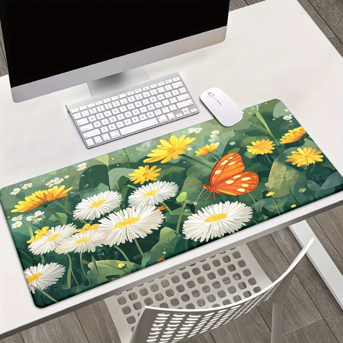 1 Buah Mousepad XXL Motif Bunga Aster dengan Kupu-kupu Cetak HD - Alas Meja Bermotif Bunga yang Cerah untuk Gamer & Penggunaan Kantor, Alas Karet Anti Selip, Halus