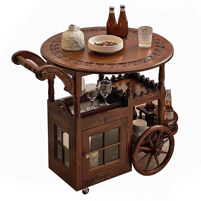 Dining car hand push all solid wood household double storage cart cabinet mobile American living room coffee table