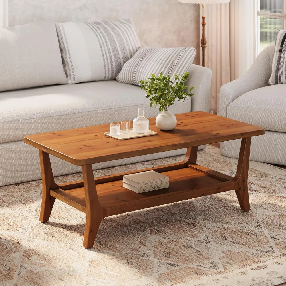 طاولة قهوة من الخشب الصلب، طاولة مركزية لغرفة المعيشة مقاس 47 بوصة مع رف، طبقتين، زوايا ناعمة، صديقة للأطفال، سهلة التجميع، Bro
