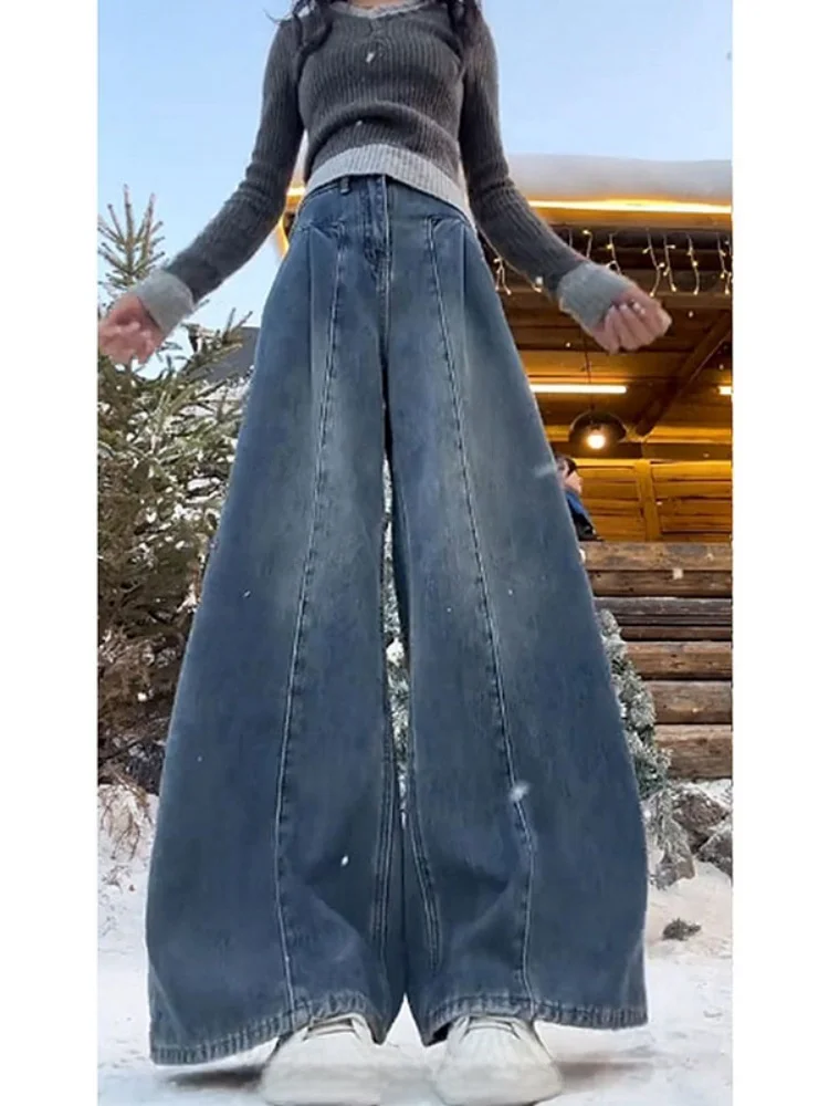 حجم كبير الأمريكية الرجعية Fce اصطف ثي الدنيم السراويل النساء الشتاء فضفاضة عالية الخصر ضئيلة مستقيم الساق واسعة الساق السراويل