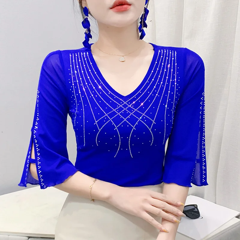 New 2026 Spring Summer Flare Sleeved V-Neck Women's T-Shirt Elegant Slim Hot Diamond Solid Color Mesh Tops M-3XL Female Tee