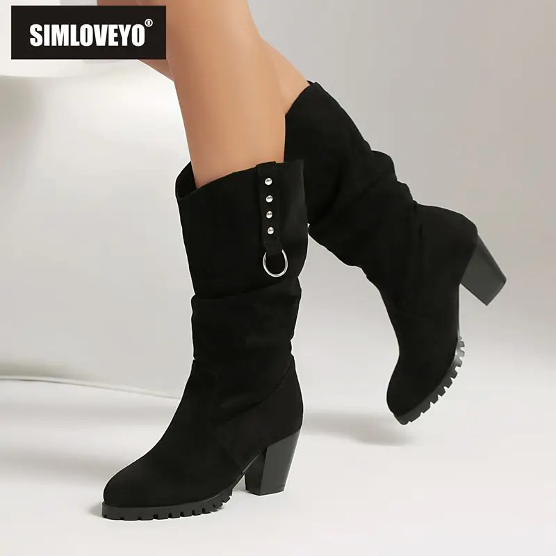 

SIMLOVEYO 2025: повседневная женская обувь до середины икры, туфли без шнуровки из флока с круглым носком, туфли на каблуке 6,5 см, большие размеры 47–48, повседневные ботильоны