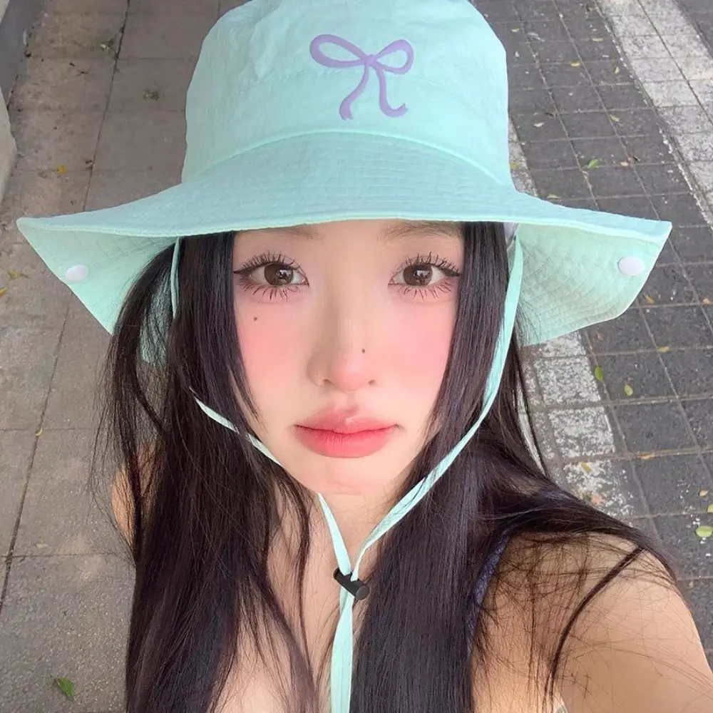 Outdoor Camping Bucket Hat New Spring Summer Quick Drying Fishing Caps Solid Color Breathable Bow Strap Bucket Hats