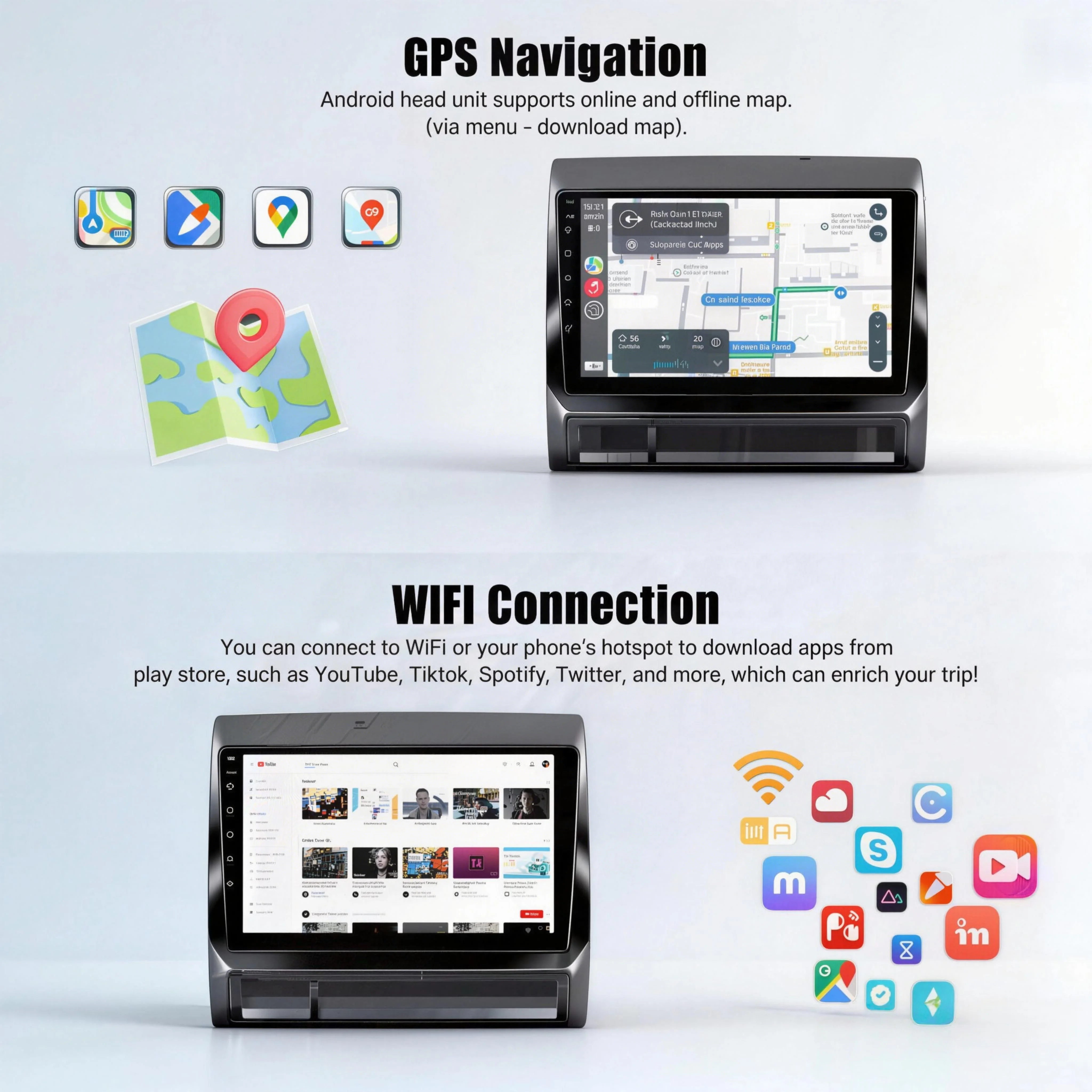 9 Inch Android Car Radio for Toyota Tacoma 2005-2015 supporting CarPlay and Android Auto, featuring a touchscreen, GPS navigation, a reversing camera and Wi-Fi Bluetooth SWC