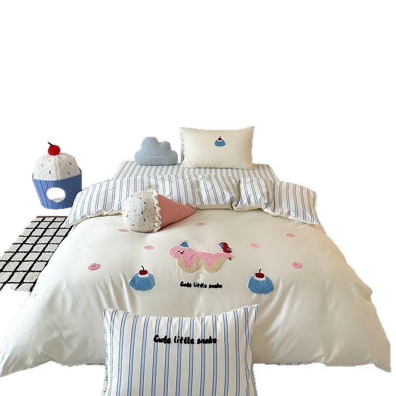 

Cartoon style 100s Xinjiang long-staple cotton four-piece set pure cotton towel embroidered bed sheet quilt cover bedding