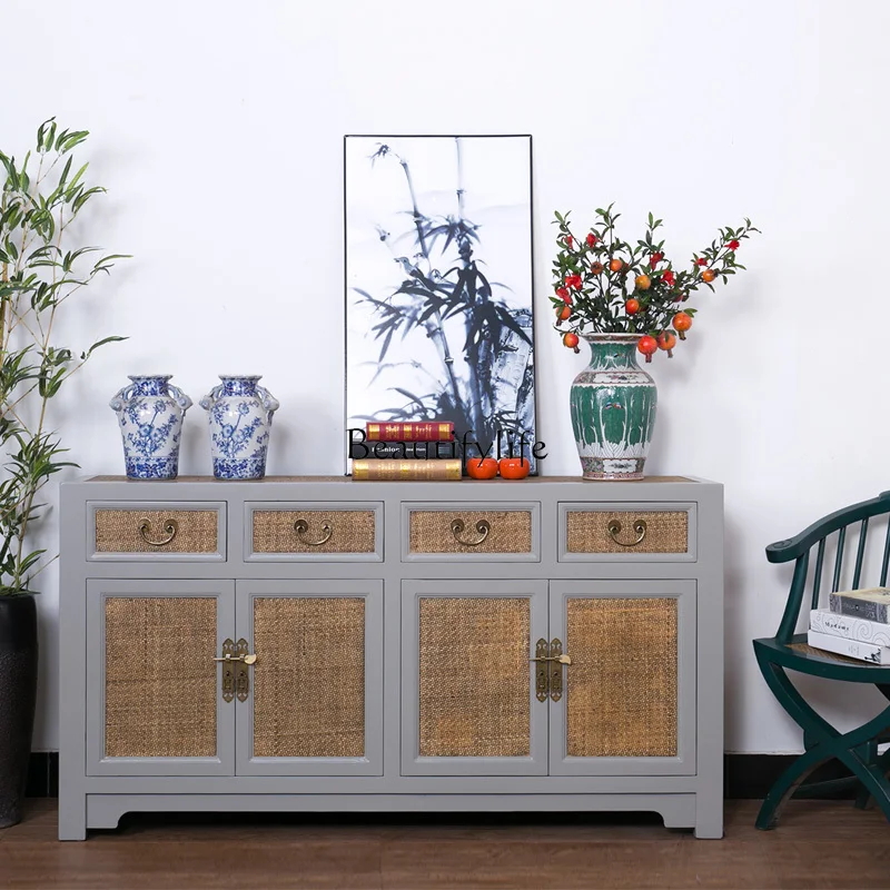 New Chinese-style solid wood four-door dining side cabinet, painted paint antique foyer entrance cabinet