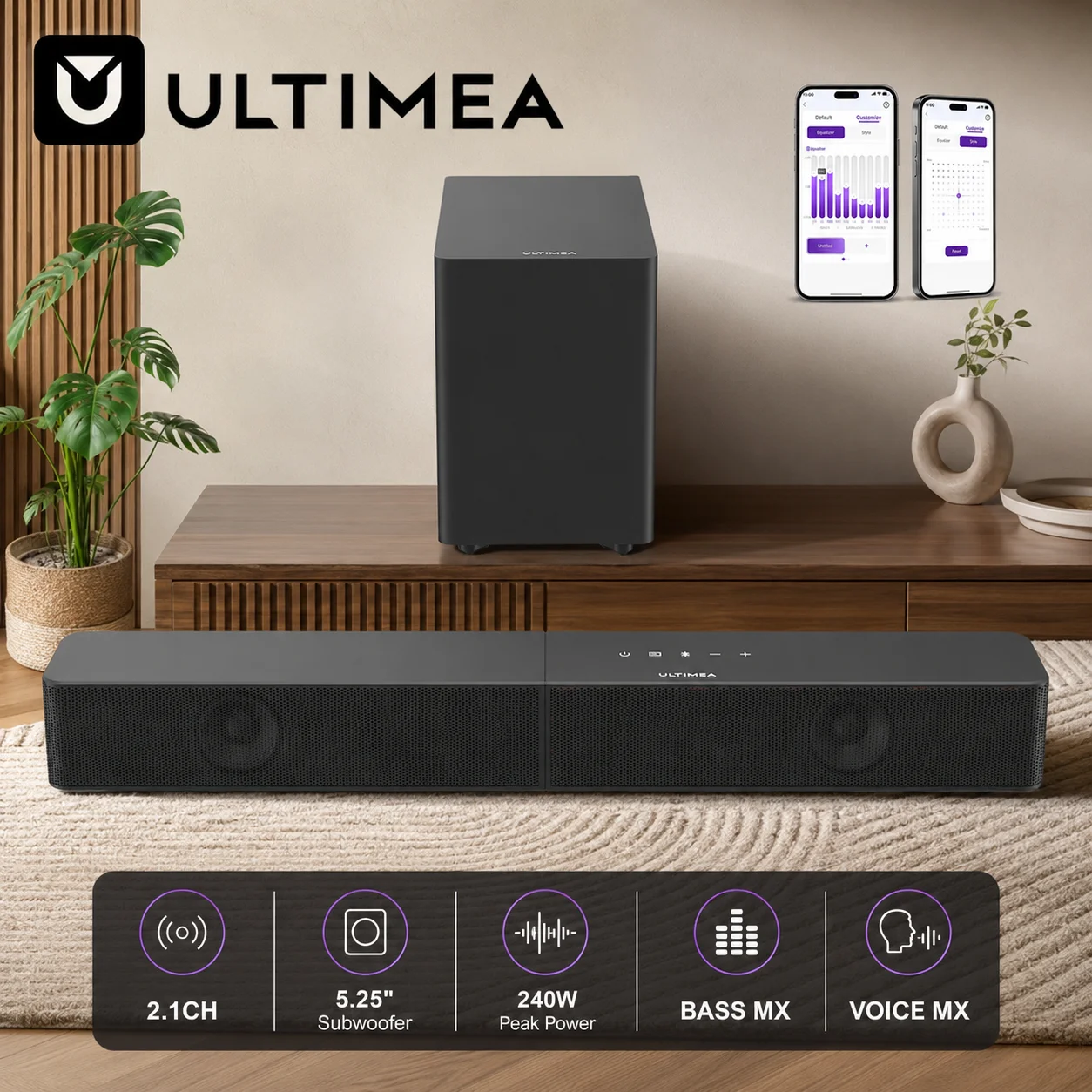 ULTIMEA 2.1 Soundbar für Smart TV mit Kabellosem Subwoofer, 240W Spitzenleistung, BassMX & VoiceMX, App-Steuerung, Bluetooth ®   6.0, TV-Soundbar