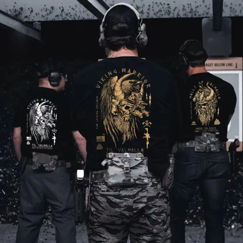 American tough-guy style Nordic mythology printed T-shirt for men summer tactical military-style men's clothing Y2K style 2026