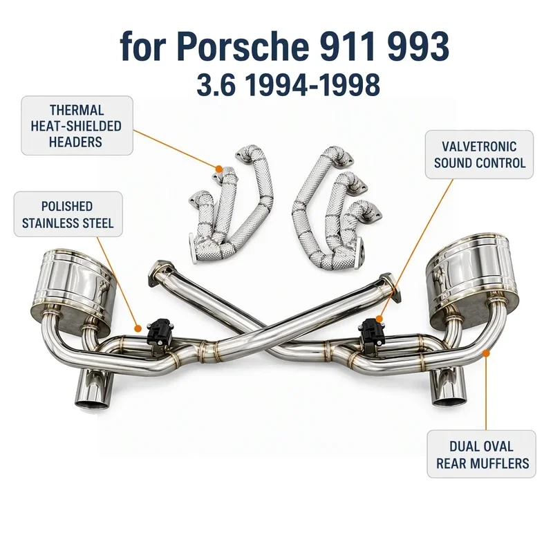 SS304 Mirror Polished Equal Length Exhaust Manifold Header for Porsche 911 993 1994-1998 3.6L Flat-6 Performance Tuning Kit