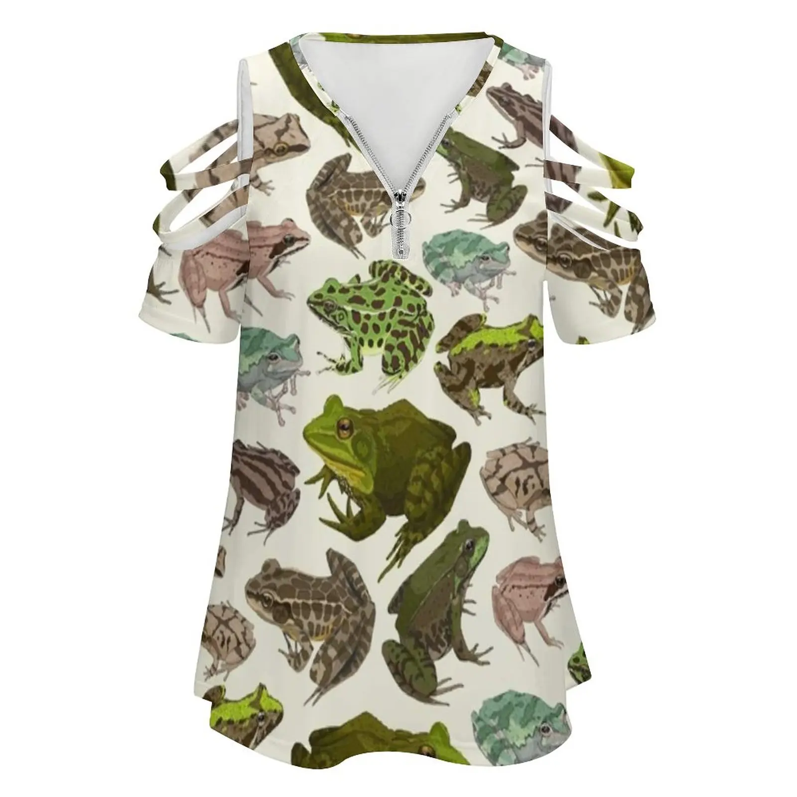 For The Love Of Frogs New Fashion Zip Off Shoulder Top Short-Sleeve Women Shirt Frog Frogs Toad Amphibian Animal Nature Peeper