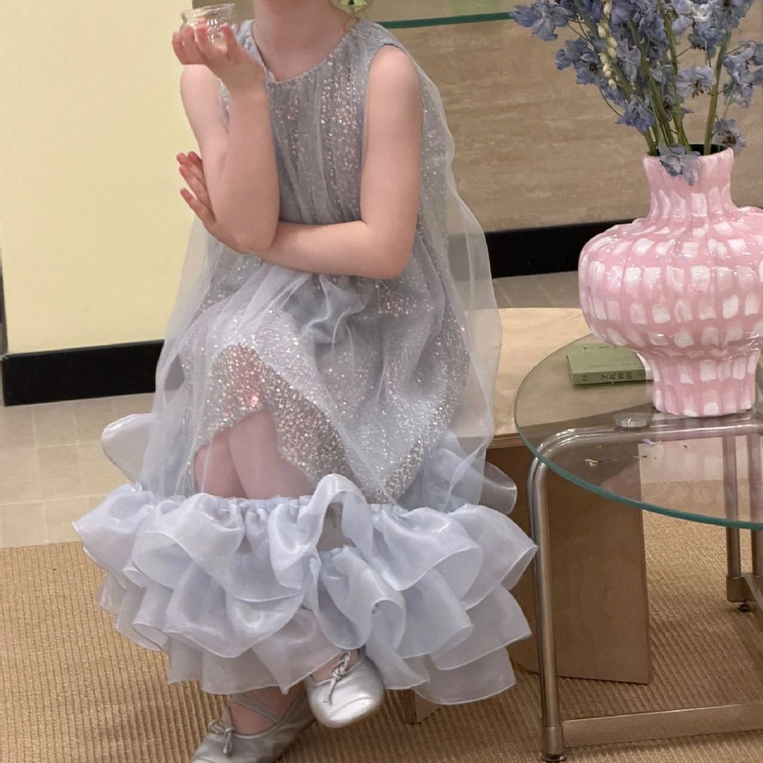 Girls Dress 2026 Spring Summer New Childrens Clothing Korean Style Girl Baby Sweet Heavy Industry Lace Sequin Sundress