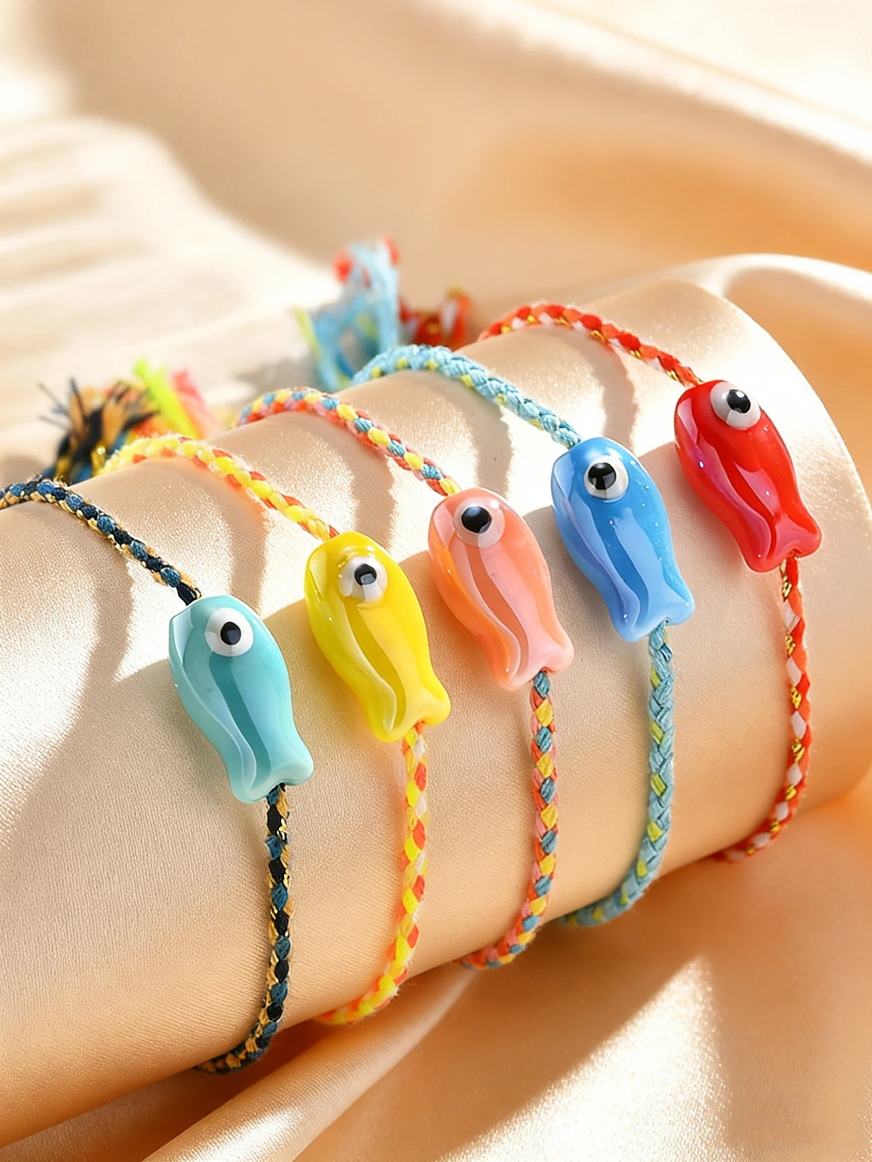 Trendy Multicolored Ceramic Fish Bracelet for Women Adjustable Handmade Woven Rope Wristband Bobo Jewelry Summer Beach Party