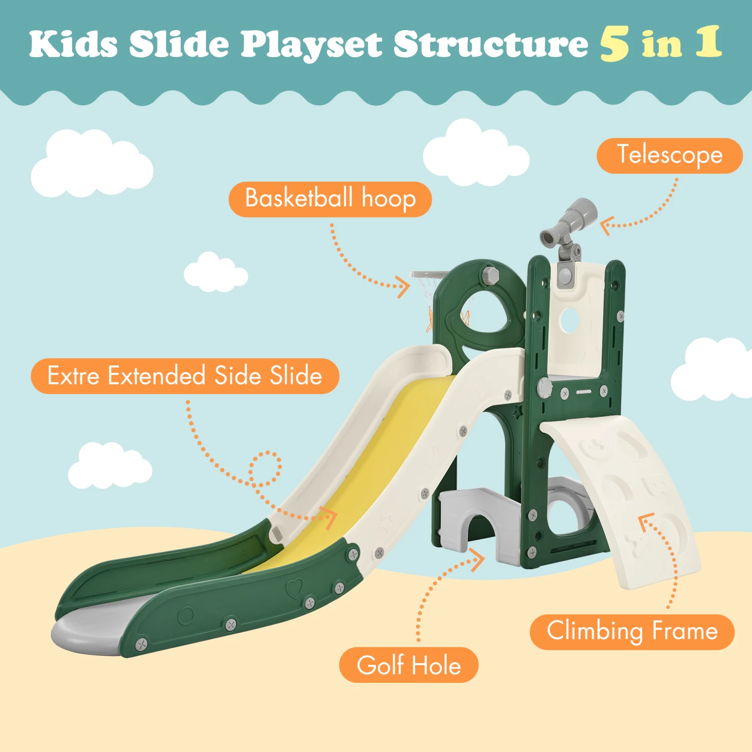 Kids Slide Playset Structure 5 in 1, Freestanding Spaceship Set with Slide, Telescope and Basketball Hoop, Golf Holes for Toddle