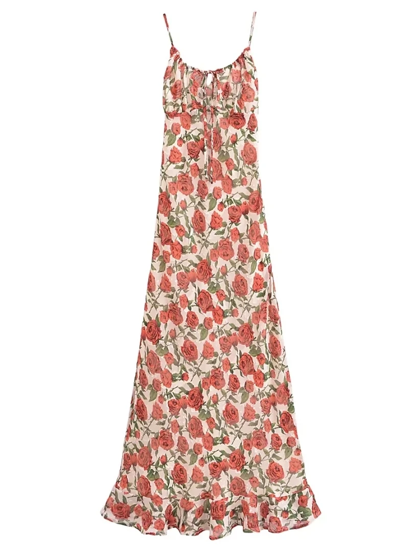 夏の新スタイルの女性のローズ花柄ストラップドレスビーチ休暇ロングスカート巾着ベルトカジュアルエレガントなガウン