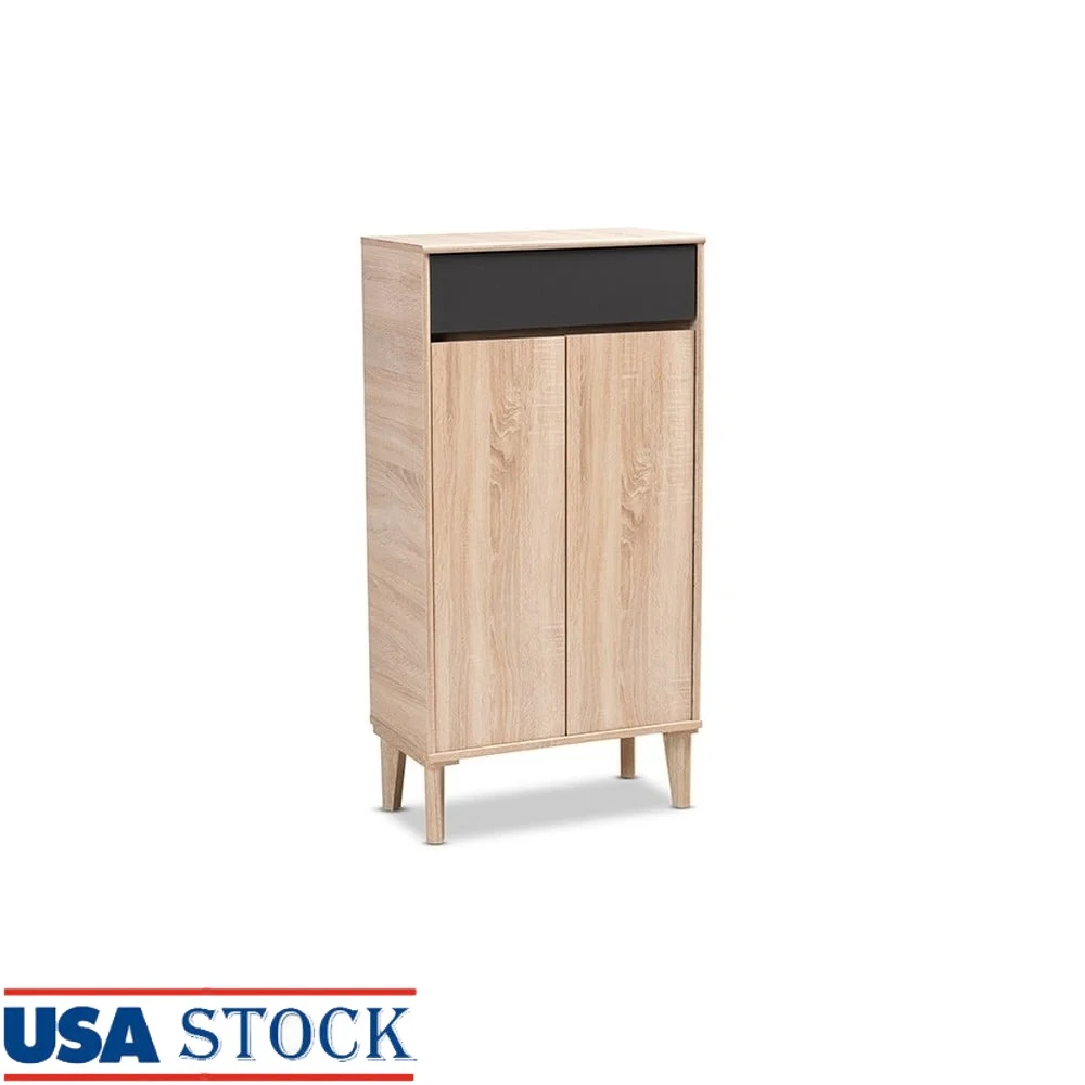 

Mid-Century Modern Shoe Cabinet Two-Tone Oak Gray Entryway Storage with Drawer Five Shelves Indoor Organizer Assembly Required