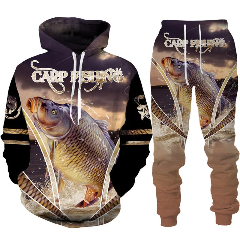 Autumn 3D Fish Printed Men Women Hoodie And Pants 2pcs Sets Camo Fishing Hunting Camping Clothes Fashion Outdoor Sportswear Set