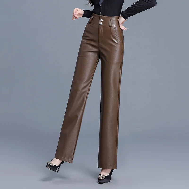 

Женские кожаные брюки на осень-зиму 2026: утепленные флисом, из искусственной кожи, прямые, с высокой талией, облегающие, повседневные, в уличном стиле, широкие штанины