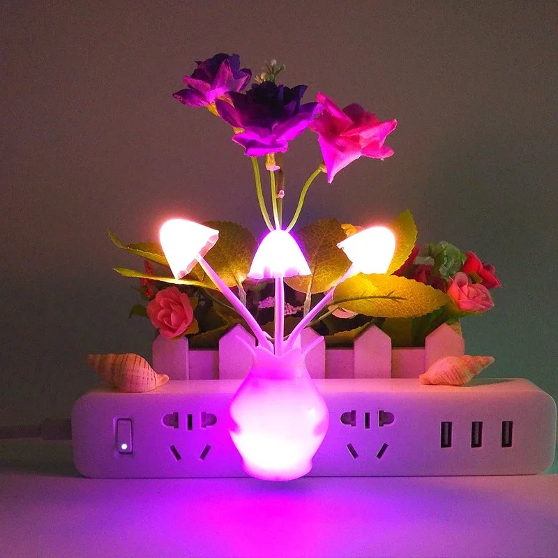 Dark Automatic Bright US Plug LED Novelty Light Mushroom Lilac Flower Light Sensor Night Lamp Home Decoration Romantic Light