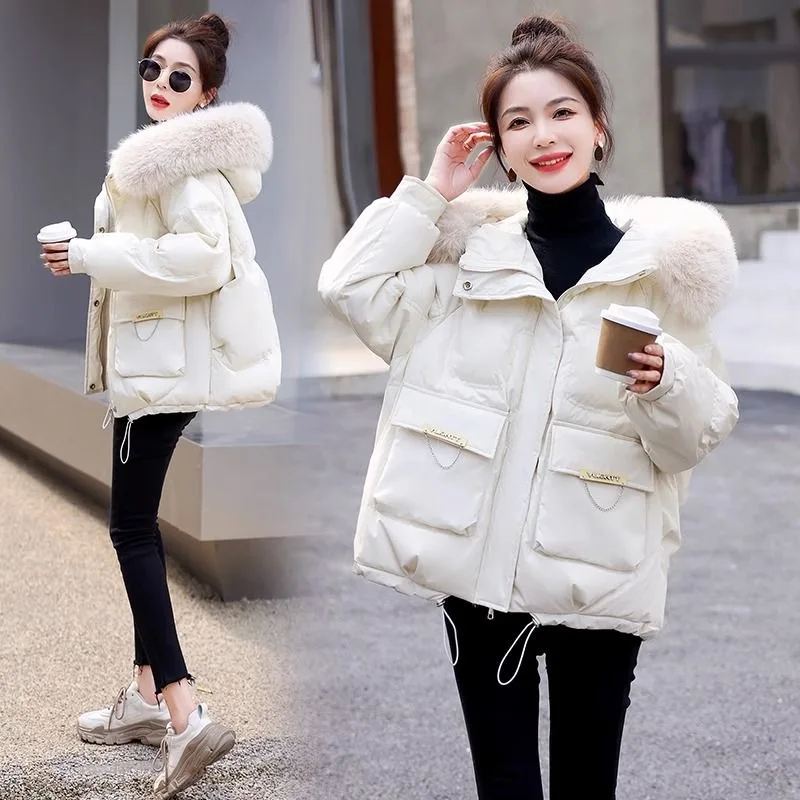 Short Fur Collar Hooded Down Cotton Coats Snow Wear Thicken Fashion Chaqueta Warm Parkas Tops Korea Fashion Loose Women Casaco