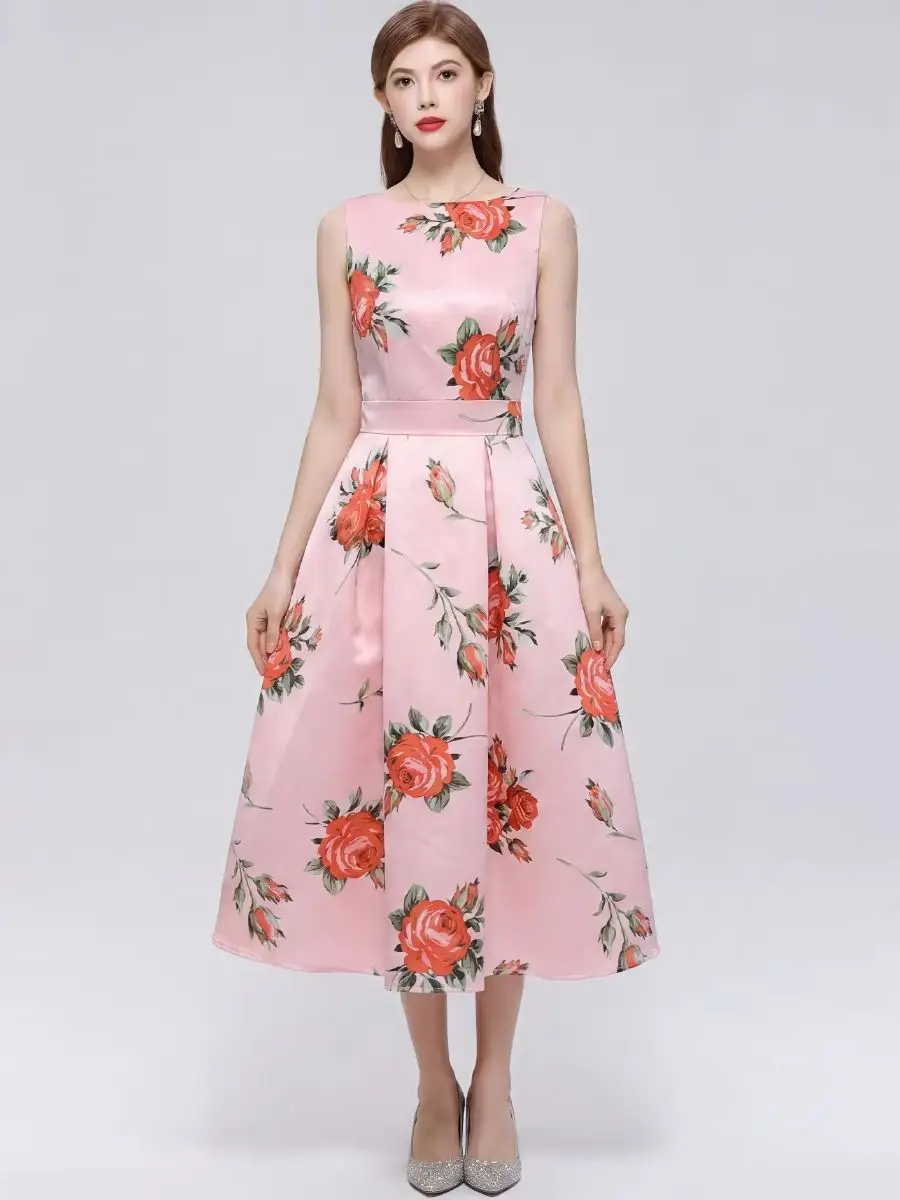 

Elegant O-neck Sleeveless Tank Dress For Women Summer Autumn Floral Print Slim Pleated Ball Gown Dresses