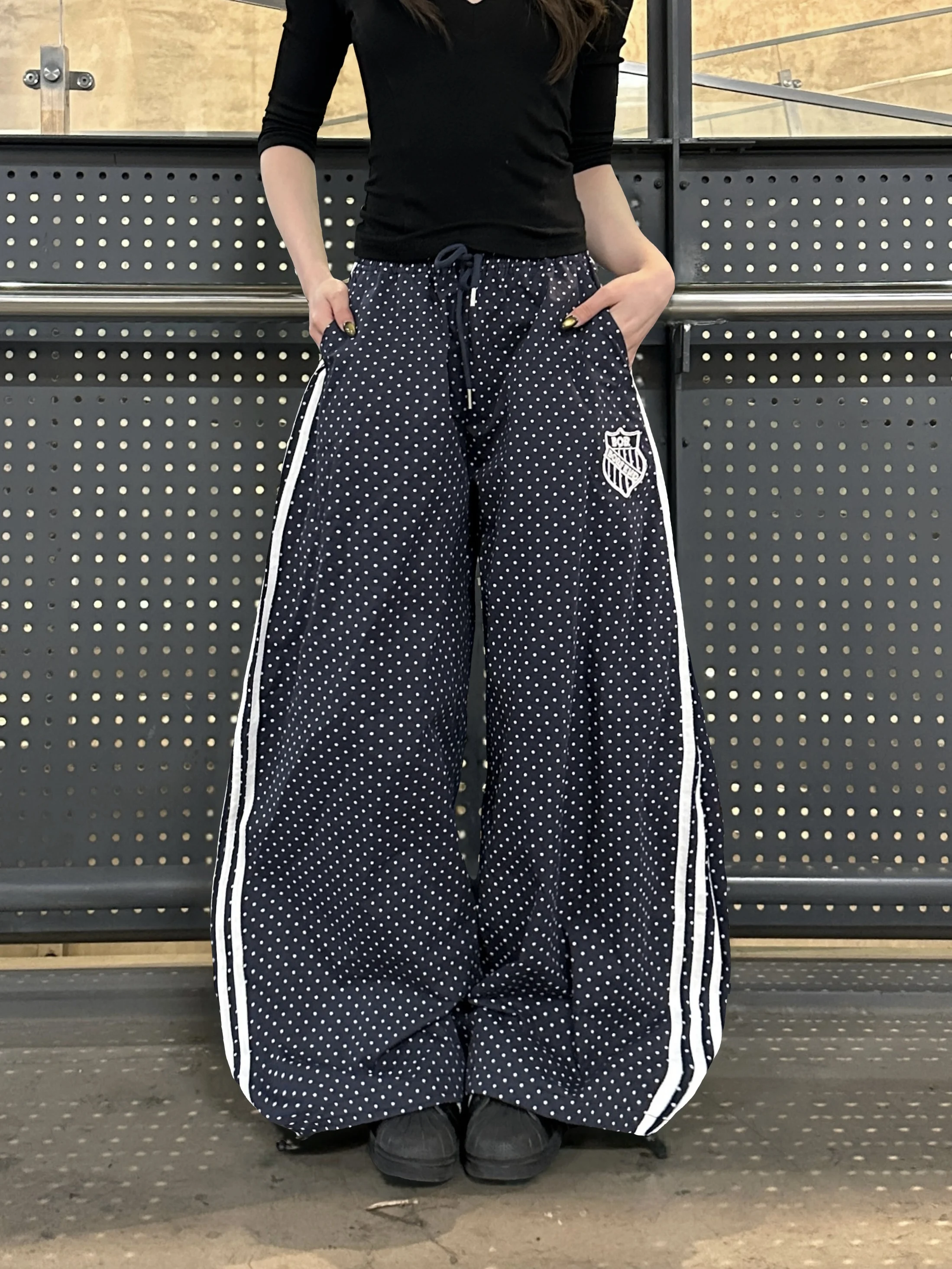 

BeOurRule Американские ретро-брюки в горошек для женщин, свободные, универсальные, струящиеся, с широкими штанинами, из хлопка, с естественной талией