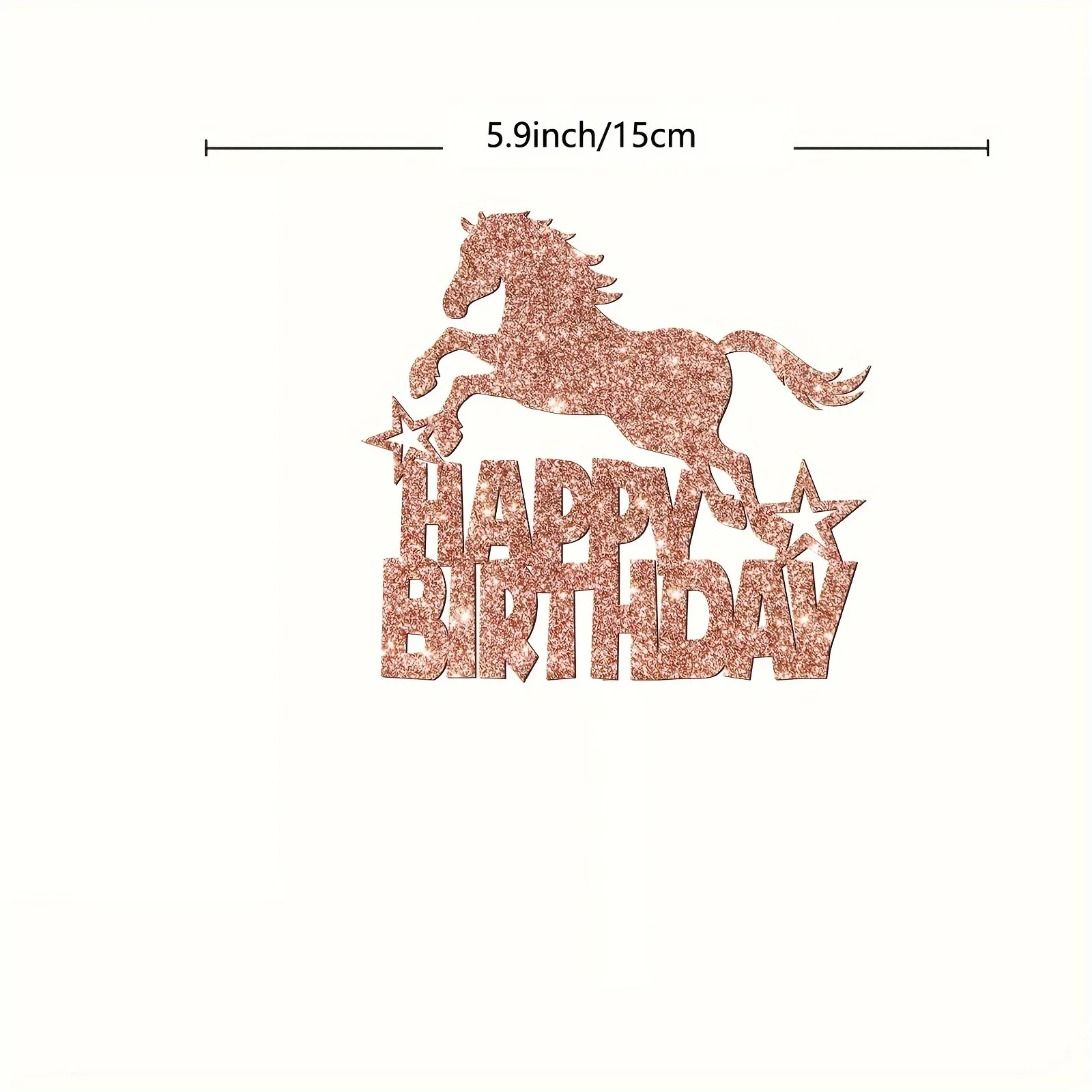 Roségoldenes Pferd „Happy Birthday“-Kuchenaufsatz – glitzernde roségoldene Pferdekoration für die Geburtstagsfeier, Reitsport-Thema – Detail 2