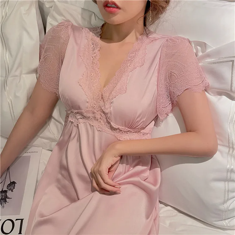 Summer Dress Sleepwear Sexy V-Neck Lace Trim Long Nightgown For Women Retro Court Style Nightgown Bathrobe Loose Home Dress