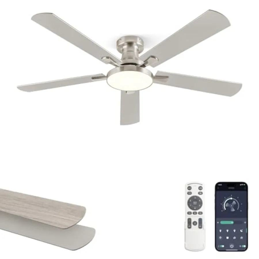 52 Inch Ceiling Fans with Lights for Living Room Bedroom, Nickel Flush Mount Low Profile Ceiling Fan with 6 Speeds 3CCT, Smart