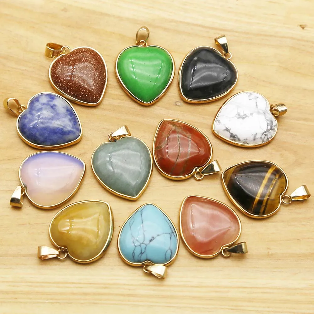 Natural Stone Mixed Color Crystal Agate Heart Phnom Penh Necklace Pendant Quality Charm Jewelry Gift Accessories Wholesale 10Pcs
