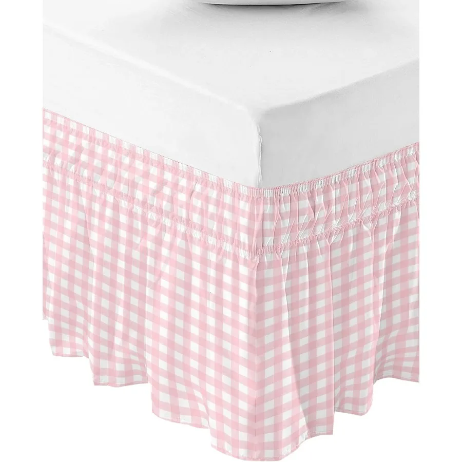 

Farmhouse Style Pink Buffalo Plaid Bed Skirt for Queen Size Bed with 18 Inch Drop Adjustable Elastic Edge Dust Ruffle Wrap Arou