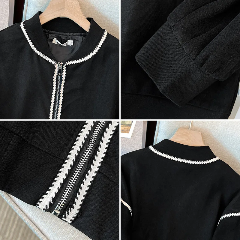 150Kg Plus Size Women\'s Bust 160 Autumn Loose Long Sleeved Black Zippered Top Jacket Baseball Jacket 6XL 7XL 8XL 9XL 10XL