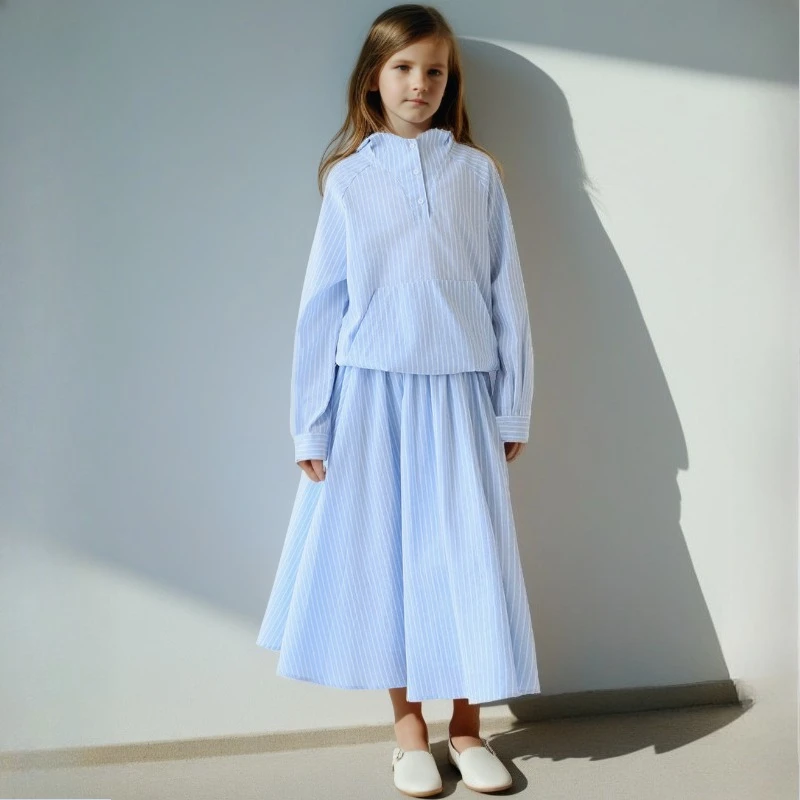 

Girls Outfit Set Autumn Long Sleeve Striped Hoodie Skirt 2 Piece Fashion Tween Kids Tracksuit Blue Daily Children Costumes 13 Y